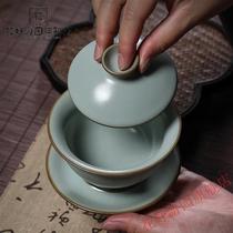 高档盖碗茶杯 汝窑三才盖碗茶杯大号手工冰裂纹陶瓷单个不烫手泡