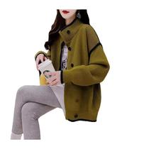 2023新款韩版拼色高领毛衣女宽松慵懒风单排扣针织开衫外套.
