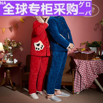 日本新款冬季三层加厚夹棉情侣睡衣保暖男女家居服珊瑚绒卡通套装