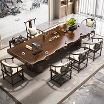 原木大板茶桌整板纯实木茶台一桌五椅现代简约办公室喝茶桌椅组合
