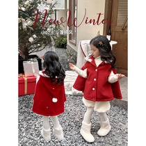 女童加厚外套2023新款呢子大衣韩版红色圣诞披风洋气拜年服红斗篷