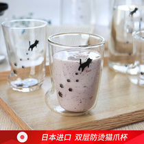 日本进口双层耐热透明玻璃杯子可爱牛奶果汁早餐网红少女心猫爪杯