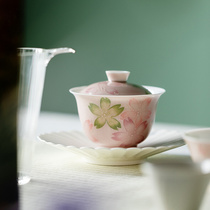 清欢丨有田烧浮雕泡茶碗 釉下彩手绘叠花盖碗茶杯不烫手功夫茶具
