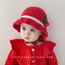婴儿帽子秋冬款女孩可爱超萌红色新年周岁帽子秋冬季女宝宝护耳帽