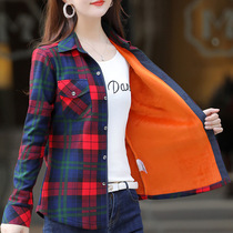 2024秋冬装季新款韩版一体绒女式长袖格子衬衫女加绒加厚保暖外套
