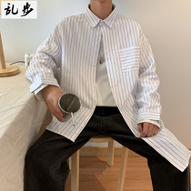 港风条纹衬衫男士春秋季长袖男外套休闲宽松个性不规则长袖衬衣服
