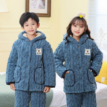冬季法兰绒儿童睡衣三层夹棉加厚款连帽保暖套装男女中大童家居服