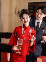 中式敬酒服酒红色新款新娘旗袍回门便装孕妇套装冬季订婚结婚礼服