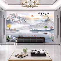 新款中式花鸟山水电视背景墙壁纸现代简约影视墙壁布墙纸客厅壁画
