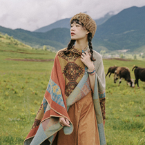 民族风披肩秋冬旅游保暖西藏云南仿羊绒披风超大斗篷围巾女复古
