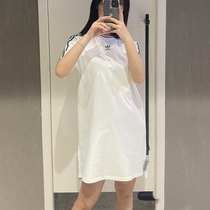 Adidas阿迪达斯三叶草夏季女子经典三条纹短袖T恤连衣裙 H56457