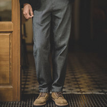 马登工装美式复古灰色条纹牛仔裤直筒修身阿美咔叽锥形长裤子男士