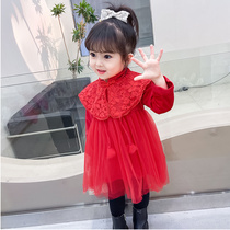 女童连衣裙秋冬加绒小女孩红色裙子韩版洋气1-3周岁宝宝礼服冬天