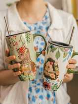 小清新陶瓷马克杯带盖勺大容量咖啡杯女生办公室家用可爱喝水杯子