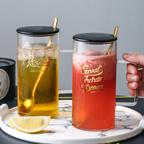 日式耐热轻奢带把玻璃杯子大容量透明水杯家用带盖带勺防爆马克杯