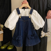 韩系女童套装夏季小女孩气质灯笼袖衬衫儿童洋气牛仔背带裙两件套