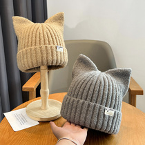 日系猫耳朵毛线帽子女秋冬季保暖可爱针织帽韩版加厚百搭护耳冷帽