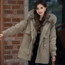 中长款外套连帽上衣大毛领可拆卸兔毛内胆冬季时尚韩版女装派克服