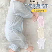 婴儿衣服夏季薄款空调服连体衣长袖莫代尔睡衣6个月宝宝衣服夏天3