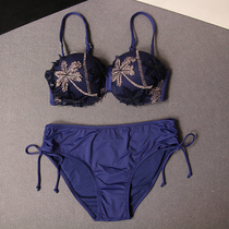 两件套分体泳装女蓝色性感半杯显瘦大胸聚拢泳衣泡温泉沙滩比基尼