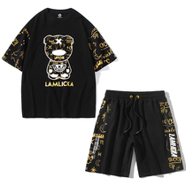 LAMLICKA烫金熊猫两件短裤夏季套装男潮牌短袖T恤大码休闲运动潮