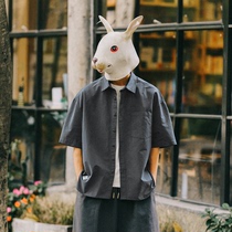 RabbitHouse 夏季细条纹短袖衬衫男潮流小贴袋装饰五分袖衬衣外套