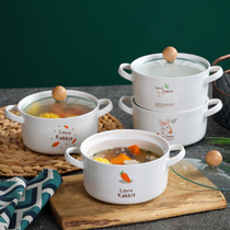 陶瓷泡面碗双耳汤锅带玻璃盖汤盆创意北欧家用大号保鲜碗潮流餐碗