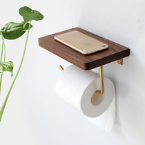 卫生间纸巾架 实木黄铜置物手机支架北欧厕所卷纸巾厕纸盒免打孔