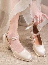 法式高跟鞋玛丽珍女鞋粗跟2023年新款春仙女鞋绸缎婚鞋蝴蝶结单鞋
