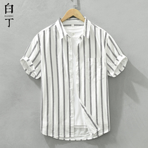 薄款高级感竖条纹短袖衬衫男夏季日系复古纯棉半袖衬衣白色上衣