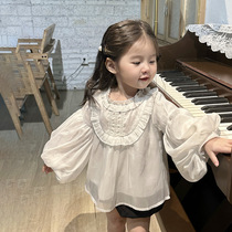 女童套装韩版雪纺长袖娃娃衫圆领纯色套头泡泡袖上衣短裤两件套潮