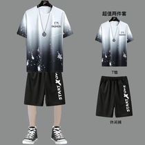 短袖t恤男冰丝夏季宽松大码休闲运动套装薄款短裤搭配两件套潮流