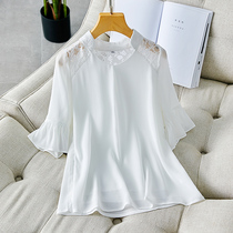 白色v领雪纺衫女中袖很仙的上衣2021夏季新款薄款蕾丝镂空衬衫