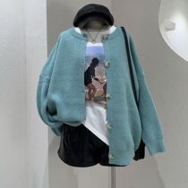 米米可2023秋季韩版复古学生圆领毛衣外套女宽松慵懒减龄针织开衫