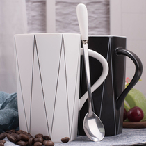 时尚情侣杯子一对水杯家用手绘条纹咖啡杯北欧陶瓷杯马克杯带盖勺