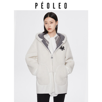 飘蕾白色颗粒绒外套冬季新款可爱羊羔毛拼接夹克女peoleo