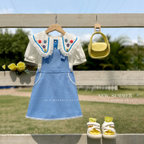 陈大猪女童气质套装夏季2023新款儿童洋气小女孩牛仔背带裙两件套