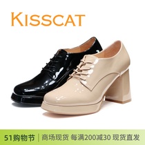 KISSCAT接吻猫2023秋款方头粗高跟漆皮系带时尚高跟鞋KA43530-10