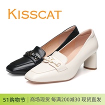 KISSCAT接吻猫2024春款正品粗跟小方头羊皮高跟鞋百搭气质女鞋
