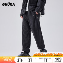 GUUKA潮牌黑色登山绒束脚卫裤冬季加厚新款 户外运动收口裤子宽松