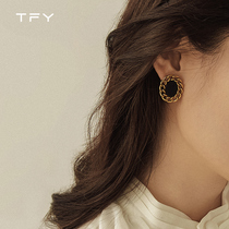 TFY复古黑色椭圆耳环女韩国气质网红时尚耳钉百搭s925银针耳饰品