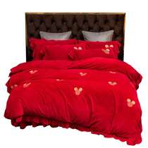 冬季结婚保暖牛奶绒水晶绒四件套大红色刺绣被套双面婚庆床上用品