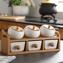 日式调料盒组合套装家用调料罐陶瓷调味瓶罐收纳盒厨房白置物架双