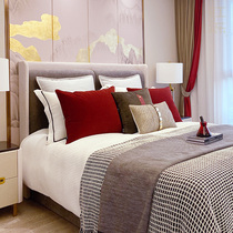 高端新中式式轻奢北欧样板房床上用品绗缝几何图案酒红色简约家纺