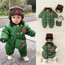 婴幼儿夹棉套装加绒加厚东北军绿大衣男女宝宝冬季保暖连体小棉袄