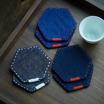 勾画 手工刺绣杯垫老粗布茶垫亚麻壶垫隔热垫蓝染布日式茶道配件