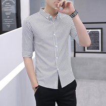 夏季条纹中袖衬衫男韩版修身短袖寸衫男装潮流半袖休闲七分袖衬衣
