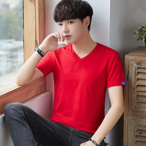 夏季男士短袖t恤v领韩版修身大红色本命年百搭半袖体恤鸡心领上衣