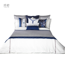 新中式床上用品简约样板房间床品多件套奢华展厅软装蓝色家纺床笠