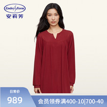 安莉芳专柜新品长袖v领冬季针织棉睡裙女士酒红色家居裙EL00707